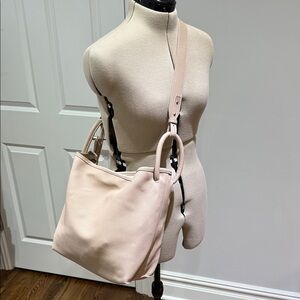 Beige Taupe Pebbled Leather Slouchy Hobo Bag with Link Detail